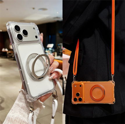 360旋转磁吸支架四角可挂绳适用苹果17promax手机壳透明防摔iPhone16/15背带可斜挎14简约港风13可磁吸充电12