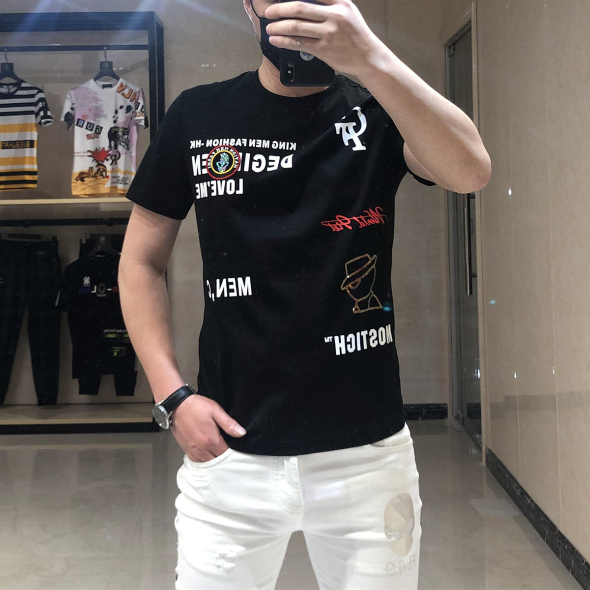 2020夏季新款欧版全棉潮流字母印花短袖T恤男士刺绣烫钻休闲半袖