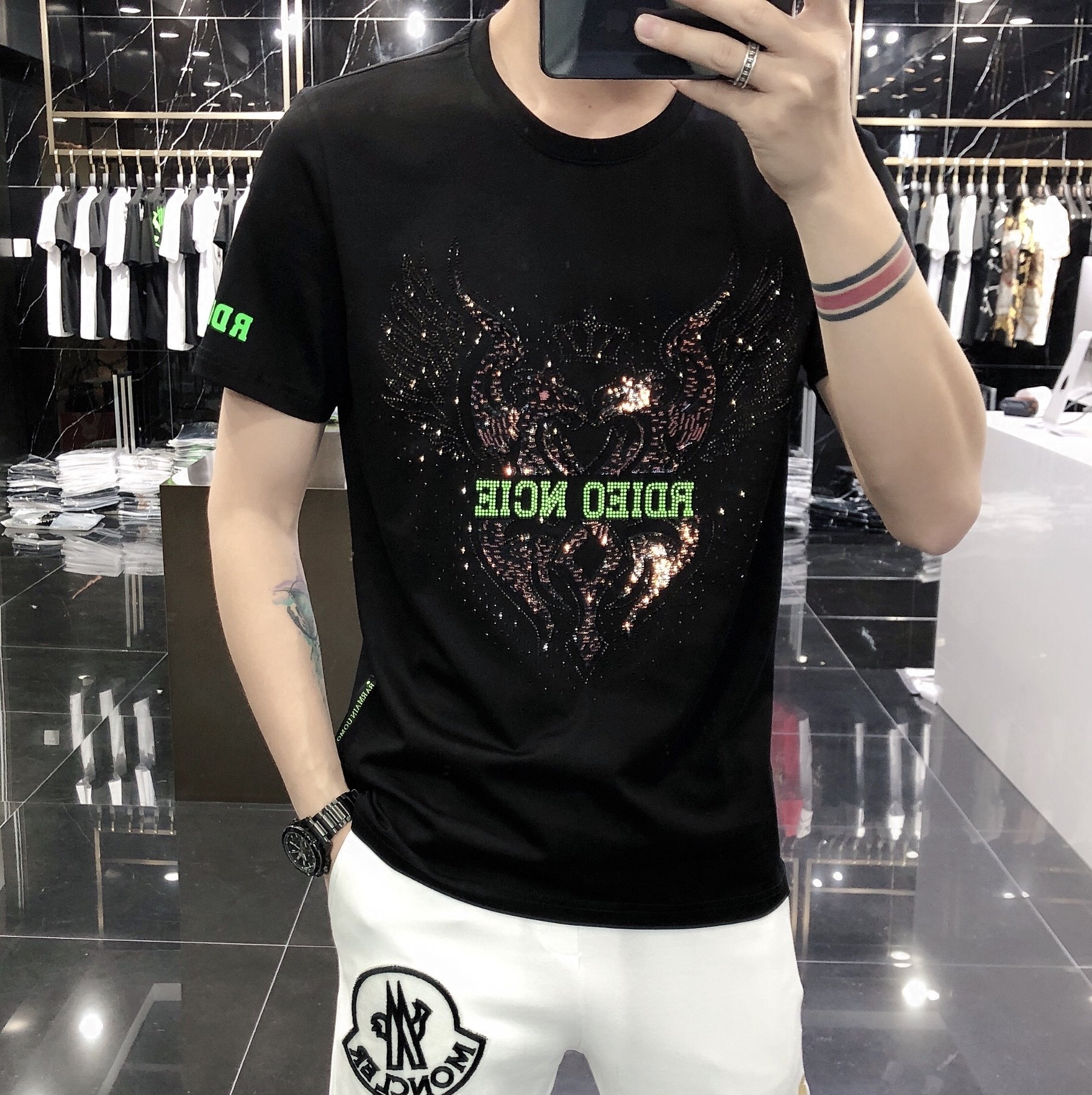 2020夏季新款欧美男士个性潮牌亮片烫钻时尚修身帅气圆领短袖T恤