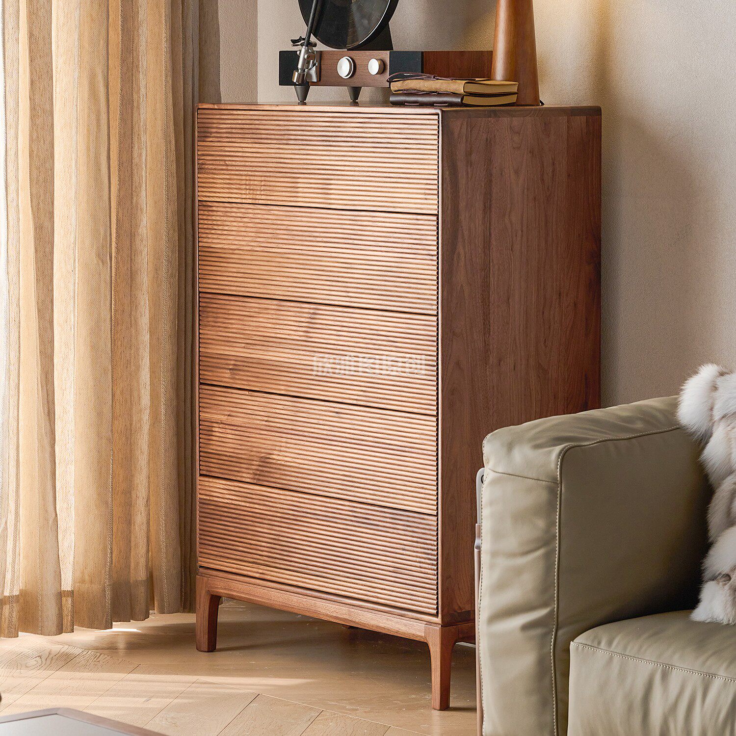 北欧实木五斗柜客厅电视边柜北美黑胡桃木斗柜卧室储物柜子五斗橱