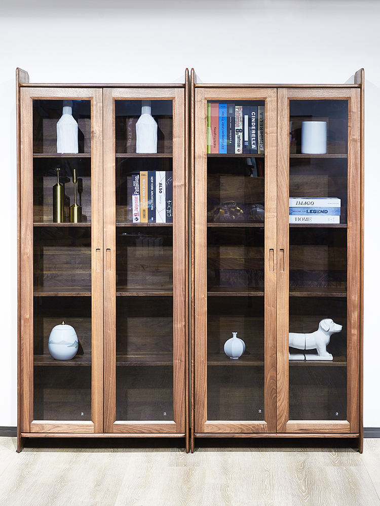 北美黑胡桃木书柜置物架实木储物柜客厅落地组合满墙书架带玻璃门