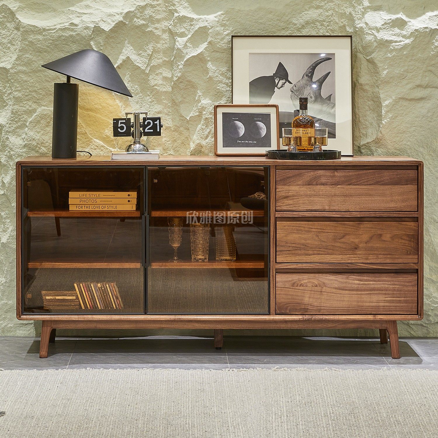 意式极简北美黑胡桃木餐边柜客厅柜子靠墙储物柜实木玻璃门展示柜,住宅家具,餐边柜,淘宝优惠券,粉丝福利购,淘宝优惠卷