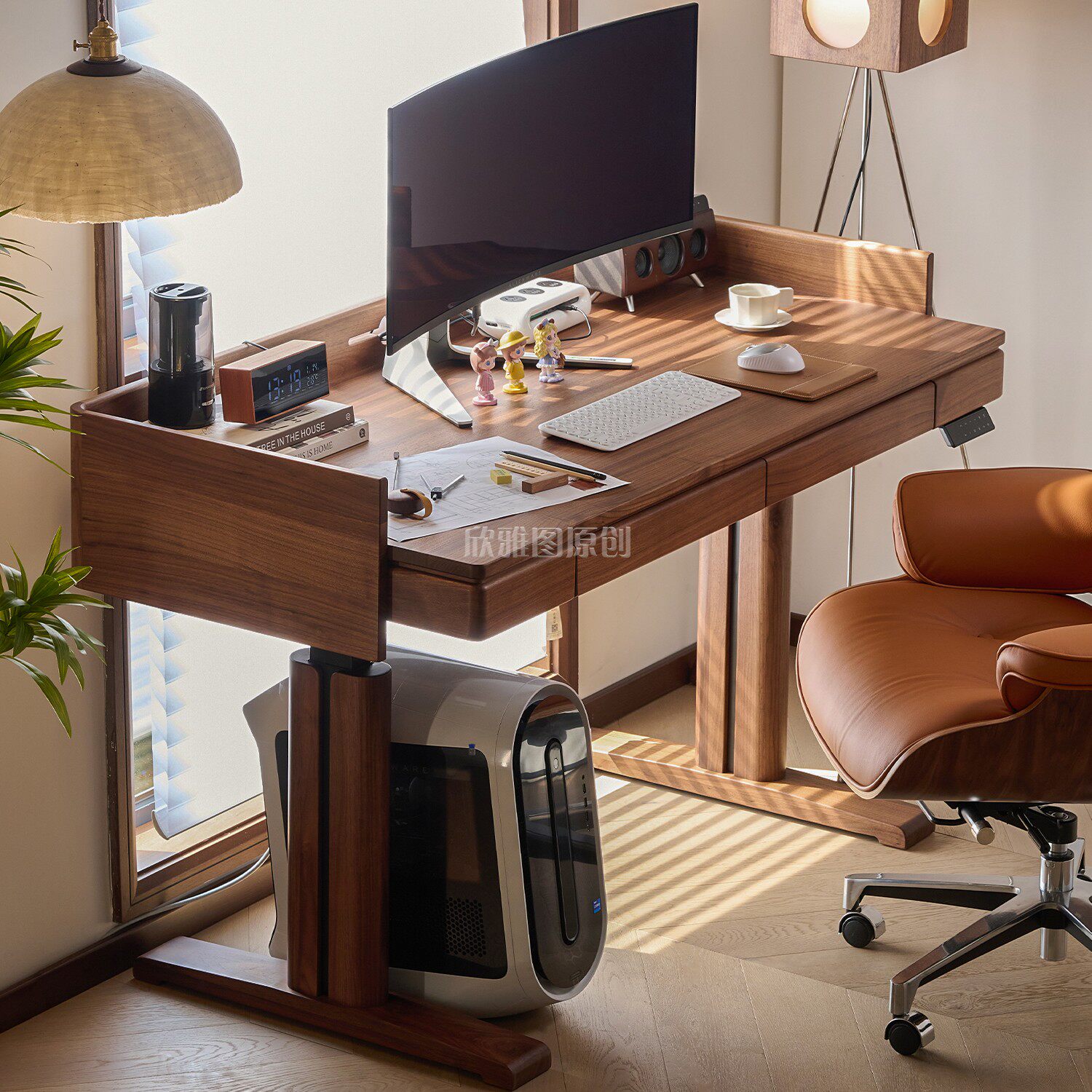 北美黑胡桃木升降桌实木智能电动写字台书房原木电脑桌书桌吧台桌