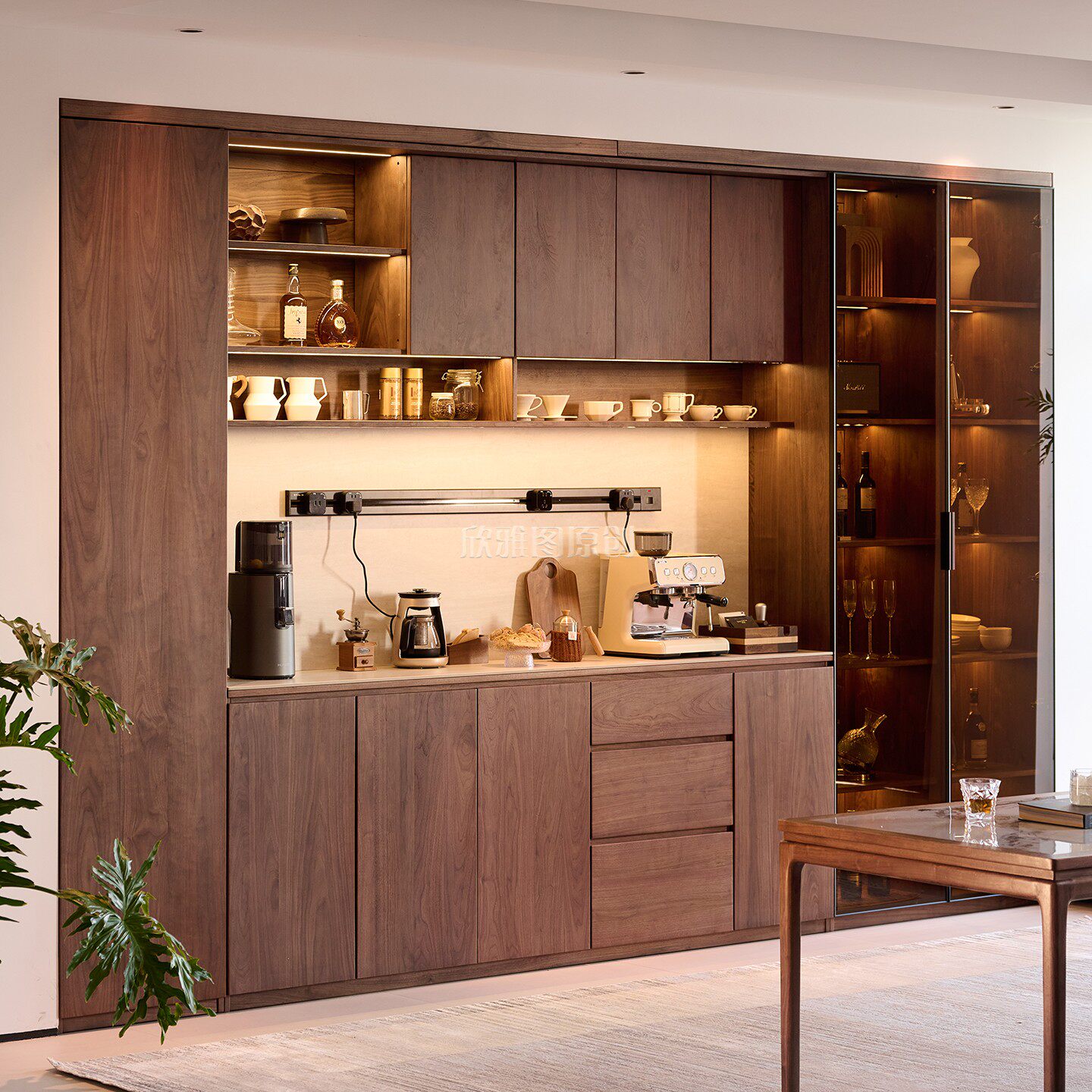 北美黑胡桃木餐边柜客厅靠墙一体高级感水吧台实木定做餐厅储物柜