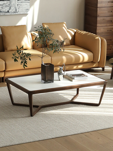 北美黑胡桃木茶几意式极简岩板茶几桌客厅家用实木北欧榻榻米茶桌