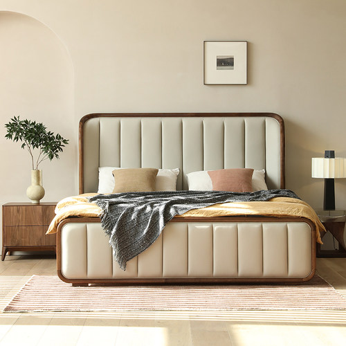 北美黑胡桃木实木床主卧真皮床