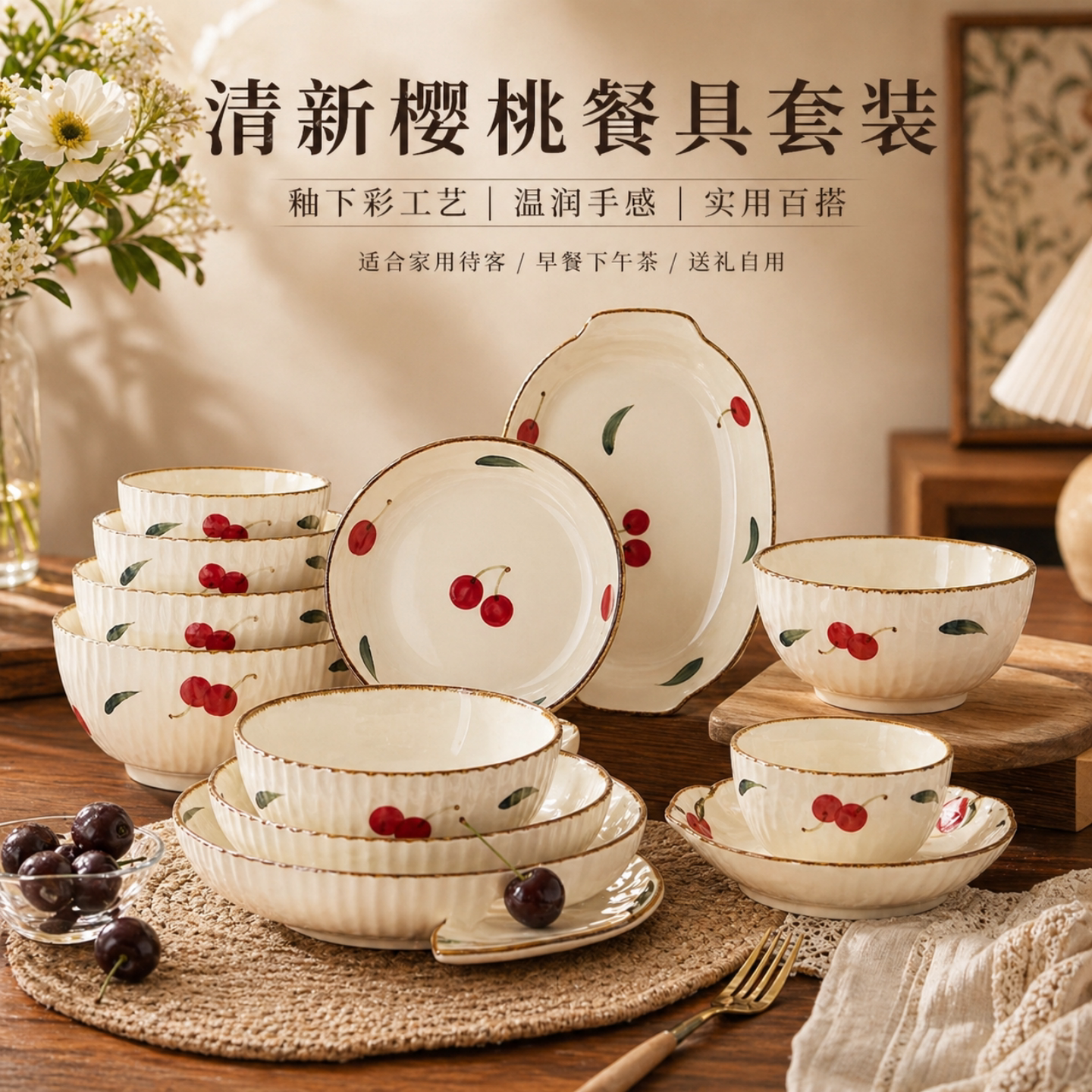 清新樱桃图案，家用待客都好看