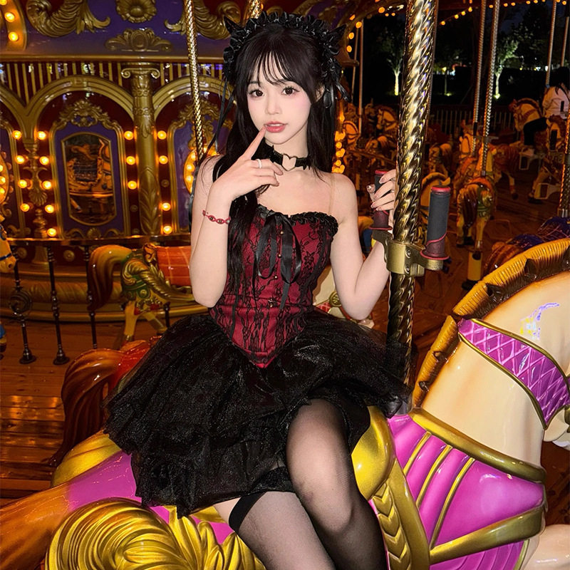 复古宫廷风性感辣妹抹胸上衣夏季新款高腰显瘦蓬蓬短裙子两件套女
