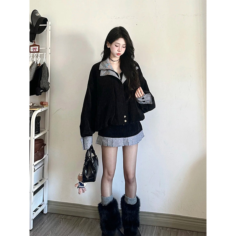 美式复古翻领拼接棉服外套女秋冬季小个子机车服宽松短款夹克上衣