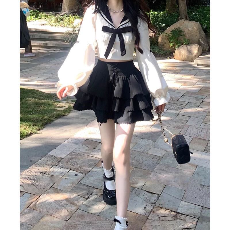学院风套装女jk制服长袖衬衫海军领设计感半身裙两件套女