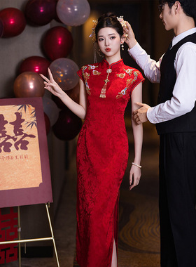 新中式红色结婚旗袍敬酒服2025新款新娘长款订婚出阁宴绝美礼服裙