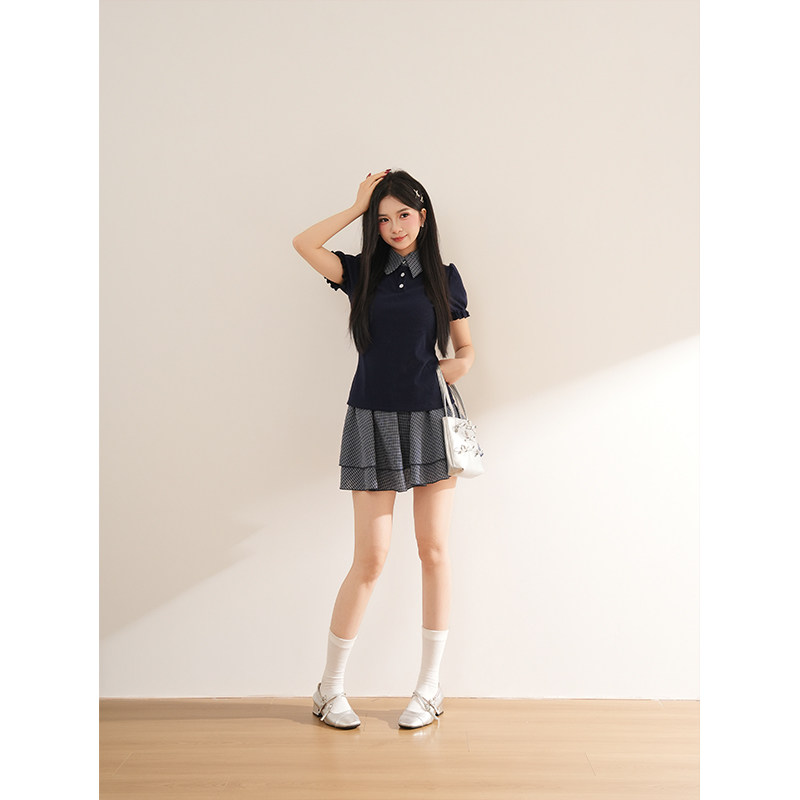少女心事 韩系甜美感polo领泡泡袖假两件上衣格纹短半裙减龄套装