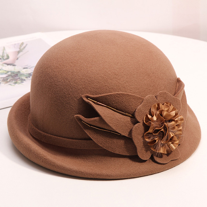 帽子女秋冬韩版百搭羊毛呢优雅花朵贝雷帽复古英伦卷边小礼帽潮