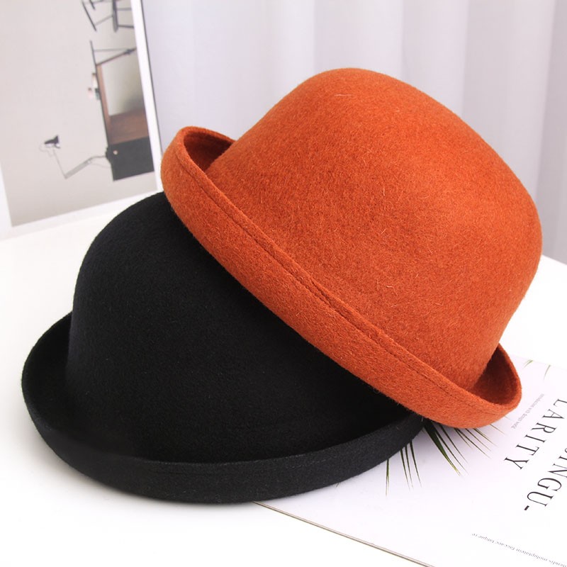 简约卷边羊毛呢圆顶礼帽春秋冬季时尚百搭小圆帽韩版潮女士盆帽子