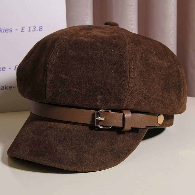 秋季复古咖啡色八角帽女高品质麂皮绒贝雷帽时髦宽檐皮带报童帽子