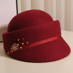 鸭舌帽秋冬纯羊毛钉珠雪花高档专柜品质羊毛呢帽优雅时尚贝雷帽女