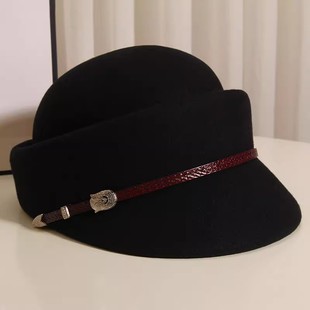 贝雷帽子女秋冬精致皮带装饰羊毛呢马术帽洋气短檐鸭舌帽显脸小潮