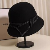 帽子女秋冬新款 羊毛呢盆帽渔夫帽英伦复古名媛蝴蝶结圆顶毛呢礼帽