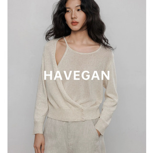 与间HAVEGAN/天丝亚麻针织衫女春季2026新款解构设计长袖宽松上衣