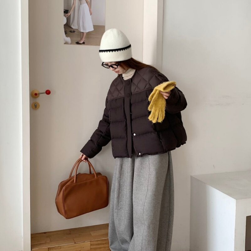 D拼色2026新款女冬短款95白鸭绒韩版圆领小个子羽绒服宽松外套87