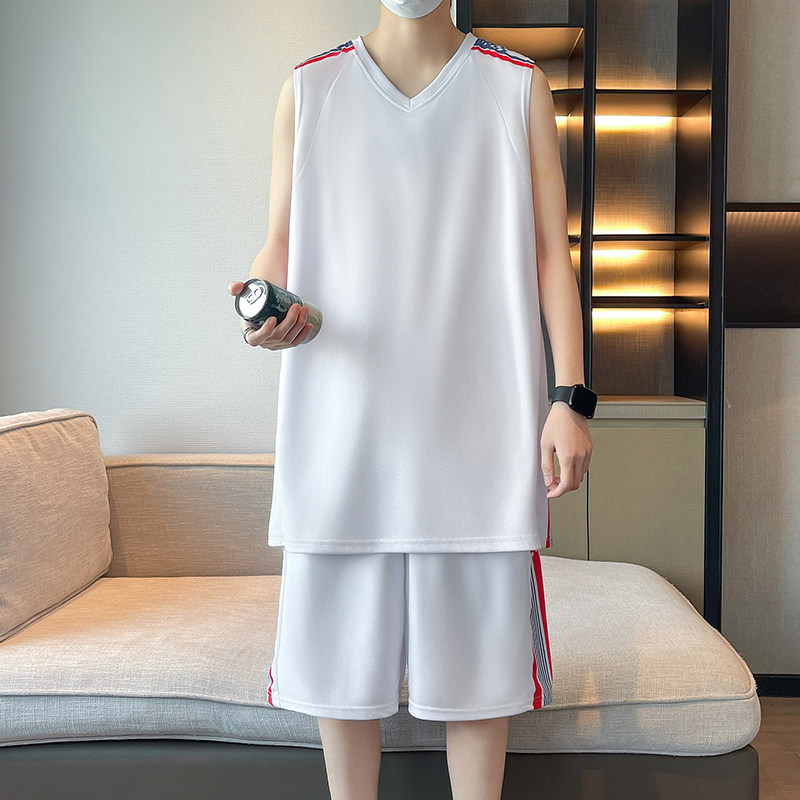 男士夏季速冰丝干白色篮球服背心短裤套装青少年运动训练服两件装