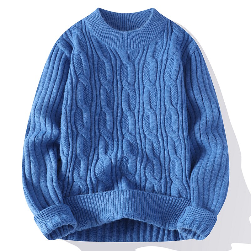 麻花纹蓝色毛衣男加厚半高领针织衫修身套头打底衫青年红色毛线衣