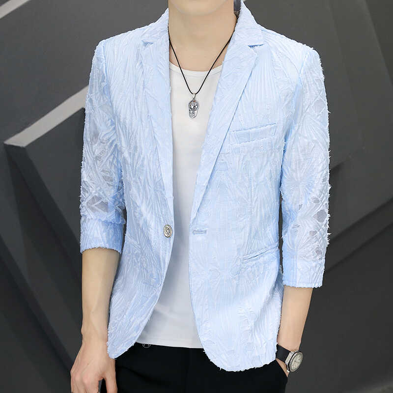 短袖小西装男士夏季七分袖薄款外套潮韩版修身发型师帅气中袖西服