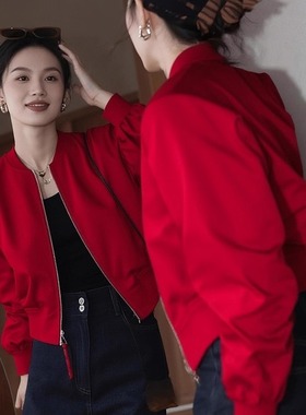 红色棒球服短外套女款2025秋季新款小个子休闲简约飞行服夹克上衣
