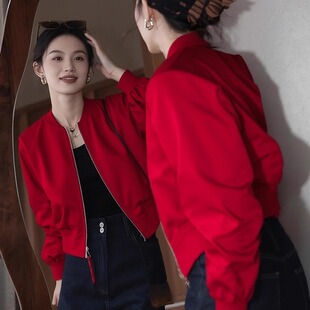 红色棒球服短外套女款2025秋季新款小个子休闲简约飞行服夹克上衣