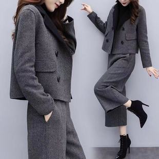 2025新款女装秋冬两件套人字纹毛呢外套阔腿裤减龄显瘦时尚套装女