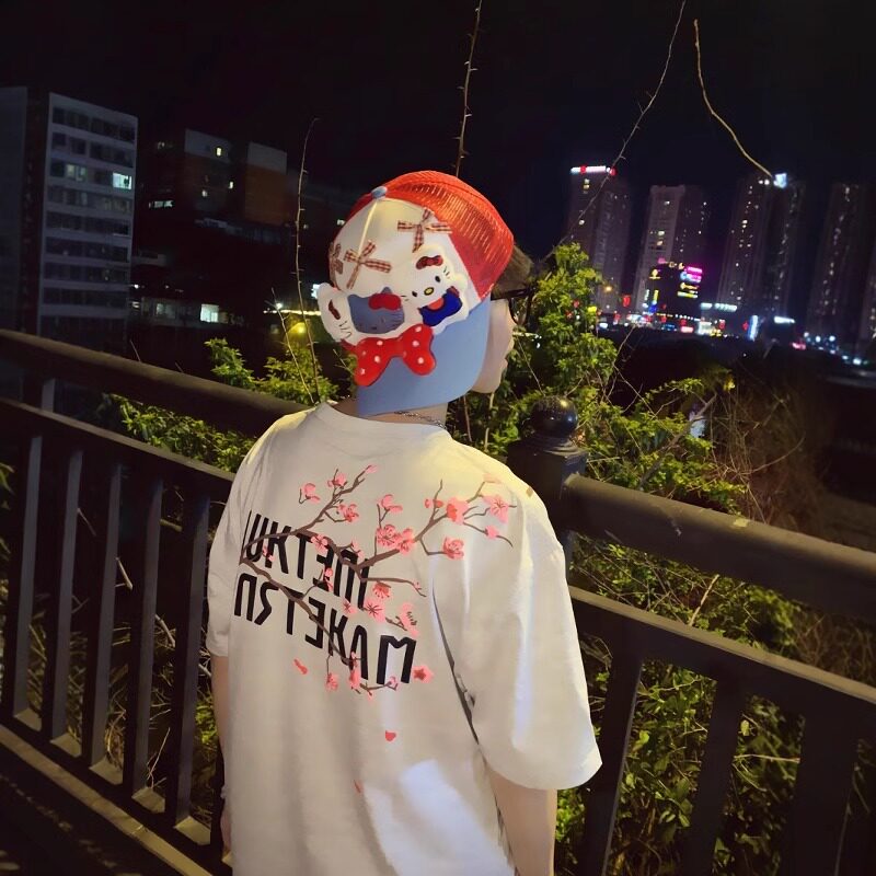 美式樱花字母刺绣圆领T恤男2025夏季新款国潮牌宽松简约百搭短袖