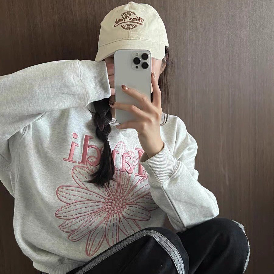 韩国Mardi卫衣女小雏菊刺绣长袖宽松印花腊肠狗圆领上衣百搭秋冬