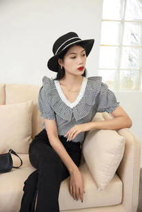 利索LS夏季新款女装休闲时尚格子短袖衬衫百搭上衣特价