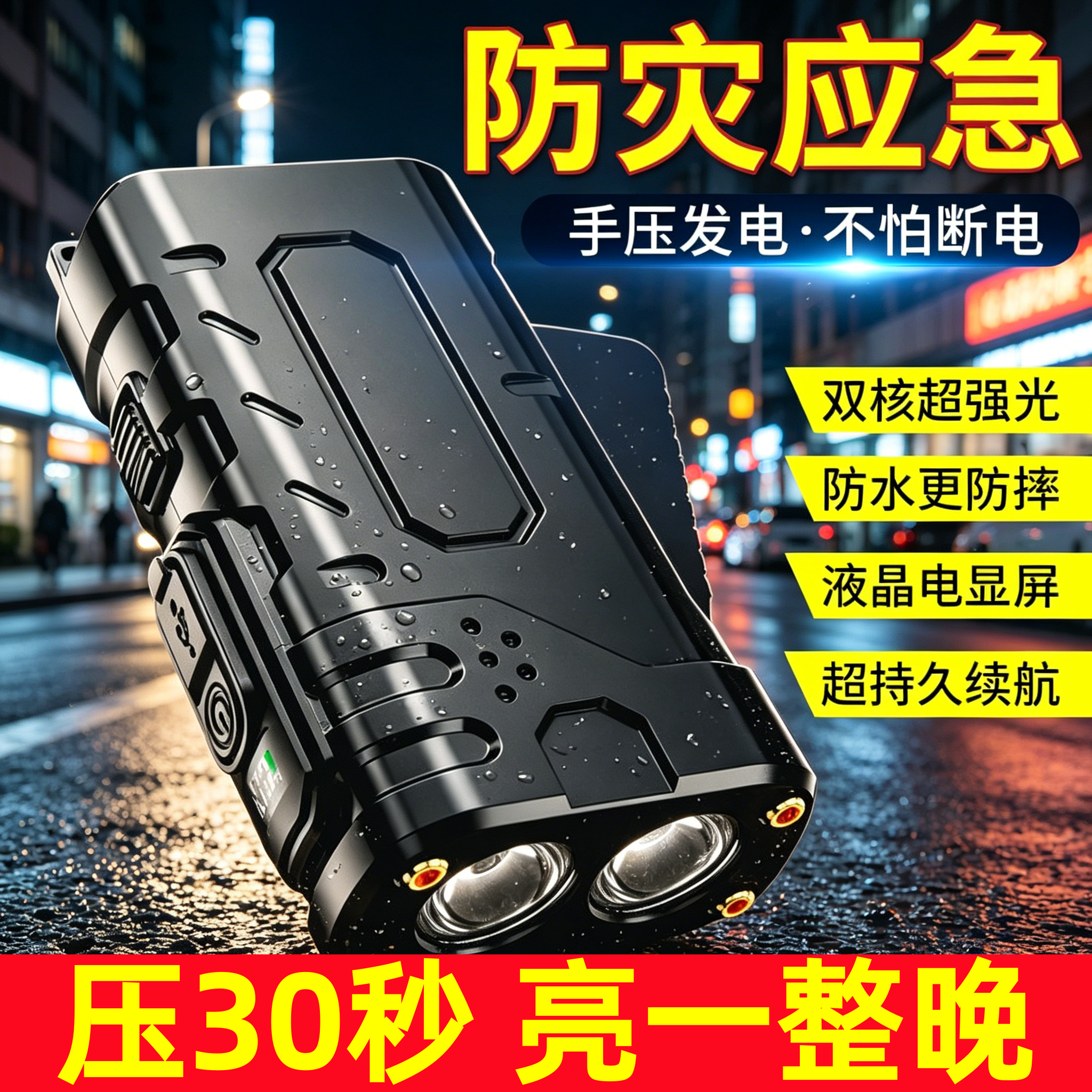 新款手压手电筒USB充电数显双灯户外应急照明LED强光手电筒便携