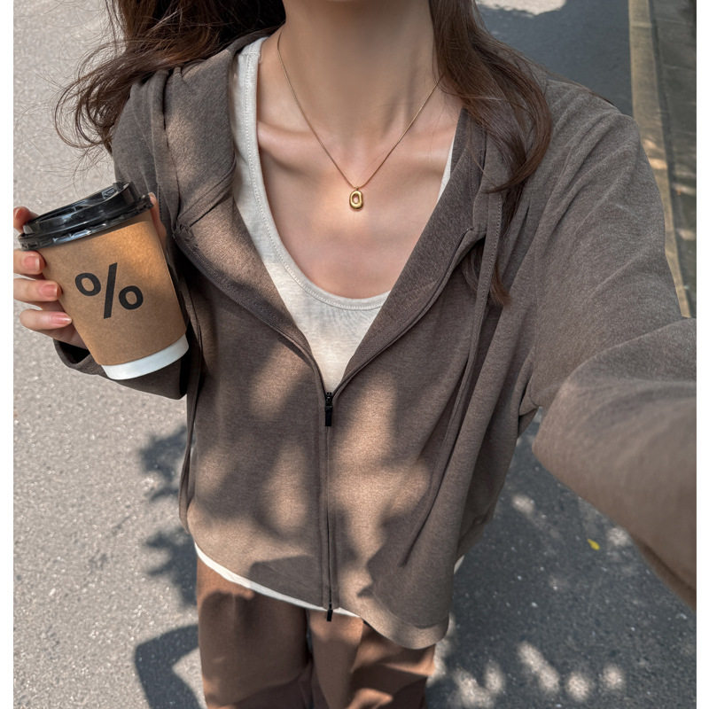 纯色基础款慵懒松弛感连帽拉链外套女做旧风简约百搭通勤出行上衣