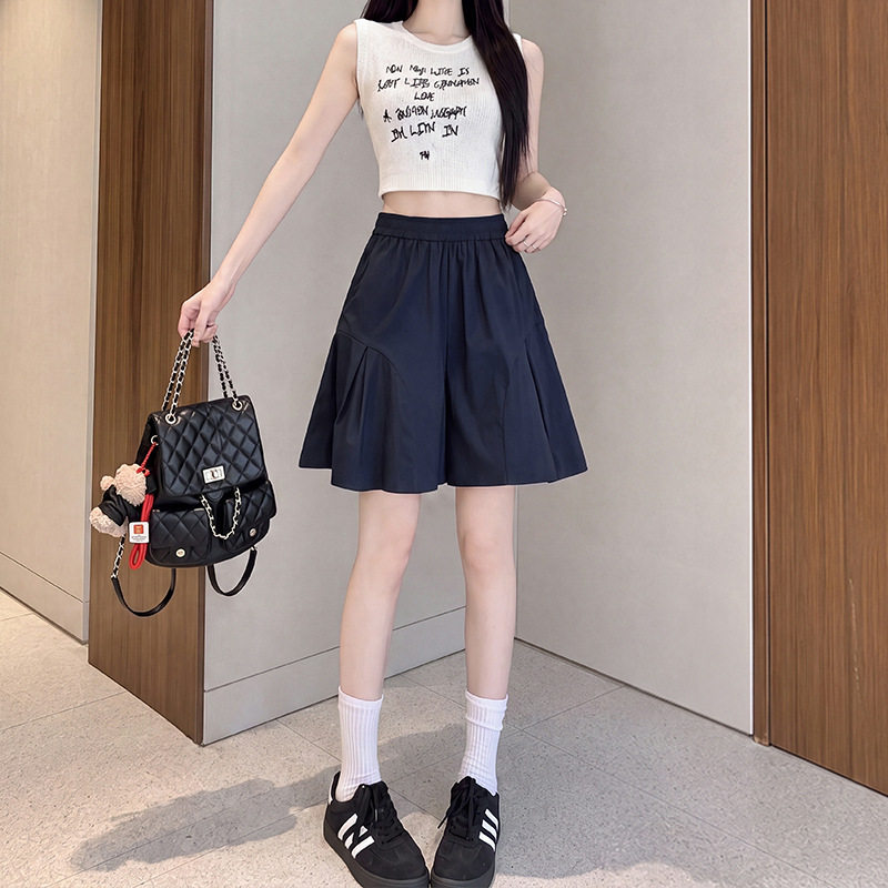 藏青色冰丝短裙女夏季外穿宽松阔腿短裤小个子美式工装运动五分裤
