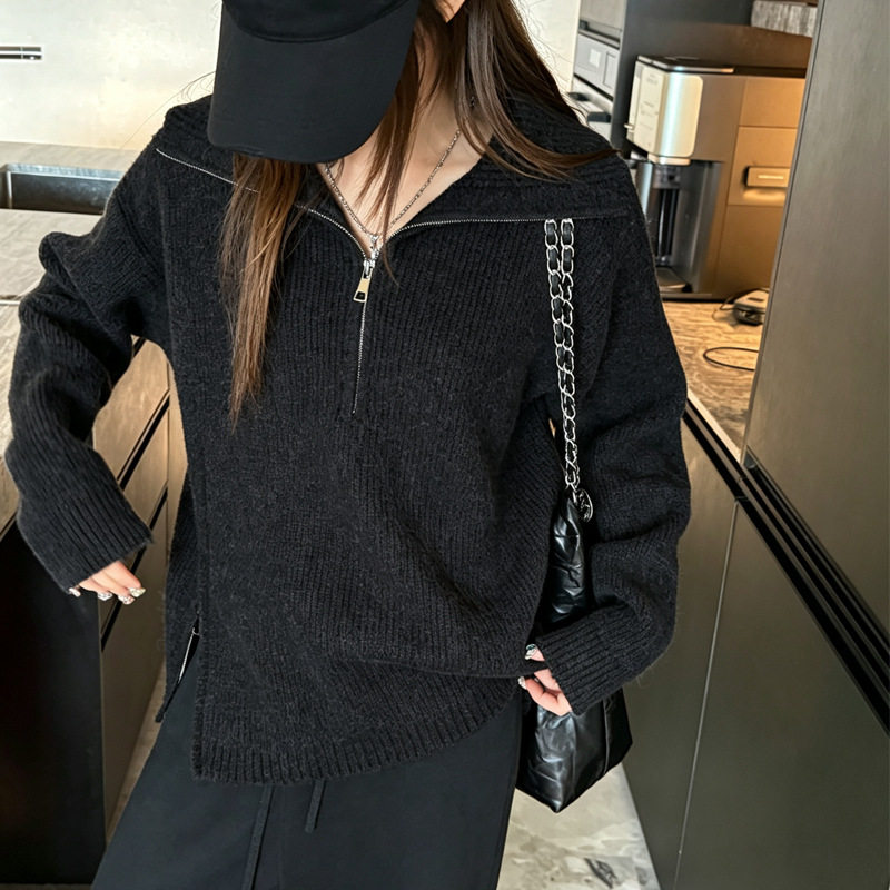 W半拉链设计感毛衣女2026秋冬新款宽松长袖下摆开叉针织衫上衣