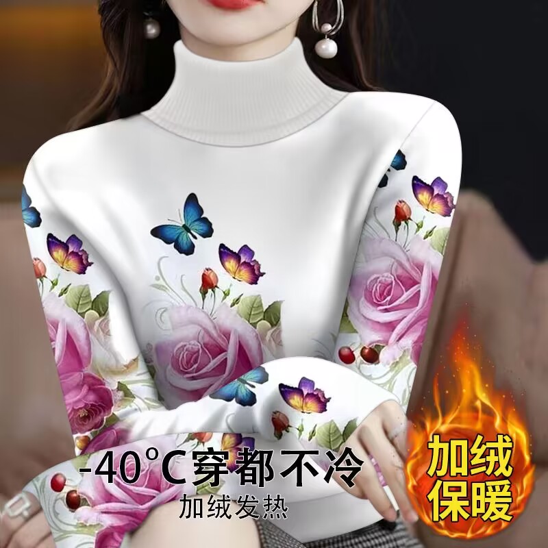 加绒加厚高领打底衫女中国风内搭秋冬新款长袖t恤显瘦保暖上衣潮