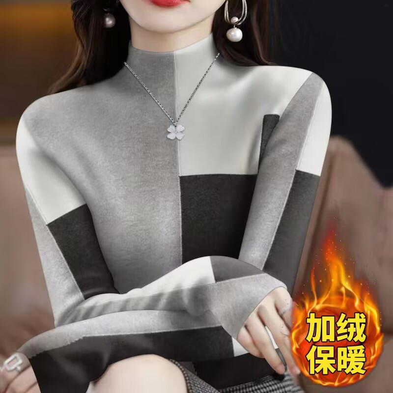 德绒打底衫女保暖背心2023秋冬新款加绒内搭t恤洋气半高领上衣女