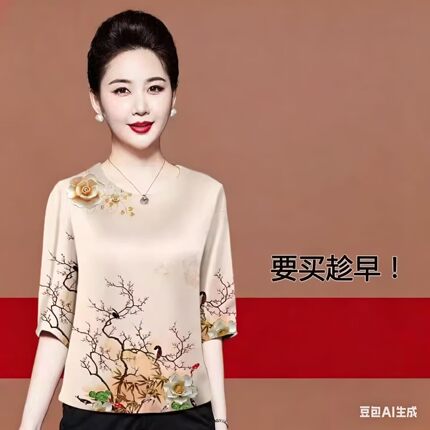 时尚新中式国风短袖上衣女2026新款夏妈妈宽松大码显瘦印花T恤衫