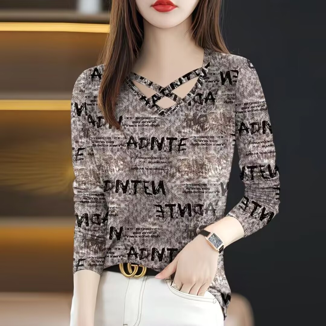 交叉领上衣2025春秋新款T恤打底衫大码印花女装遮肚外穿薄款长袖