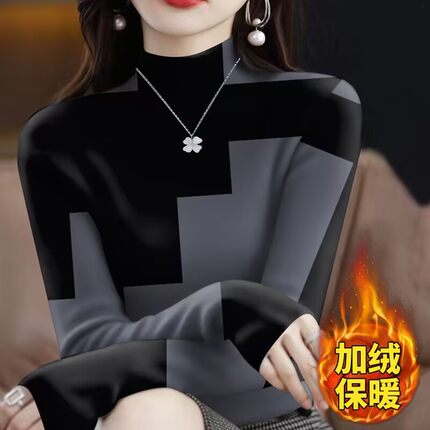 德绒加绒半高领打底衫女秋冬时尚印花韩版显瘦百搭长袖t恤