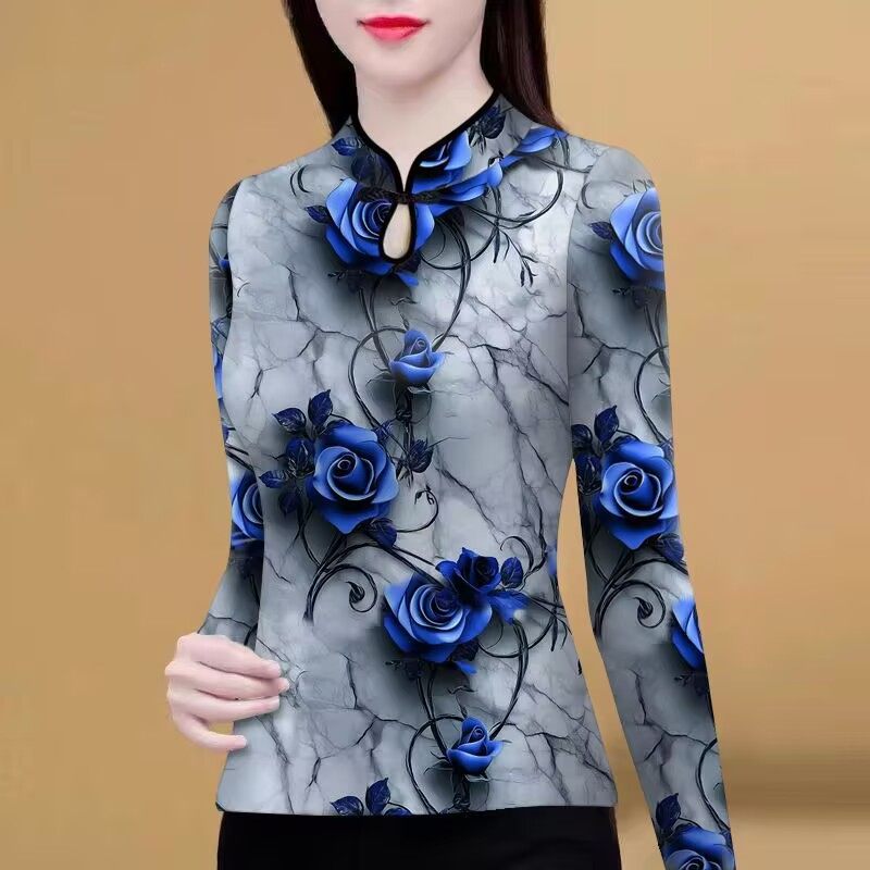 中老年民族风水滴领打底衫女装春秋新款洋气印花t恤修身内搭上衣