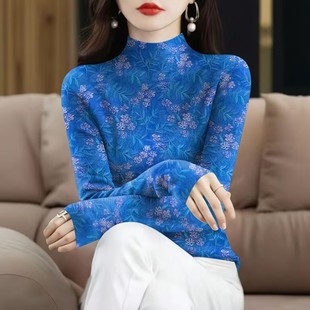 2025秋冬爆款 半高领长袖 T恤打底衫 印花女士外穿薄款 上衣时尚 新品