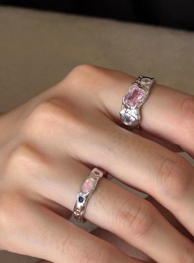 纯银小众设计感彩色镶钻锆石戒指