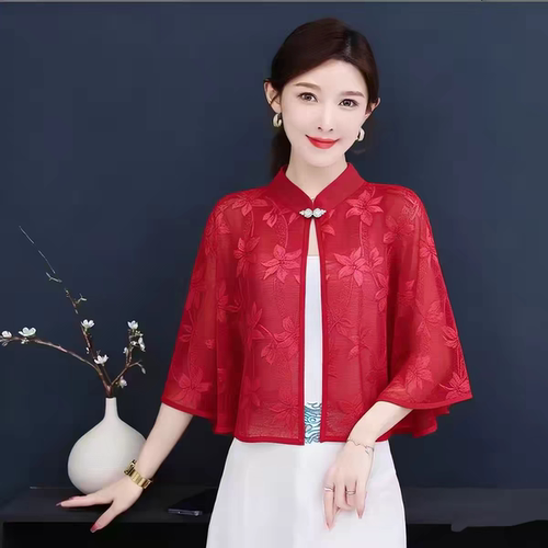 复古旗袍外搭开衫女夏季洋气蕾丝披肩宽松显瘦小衫短款防晒薄外套