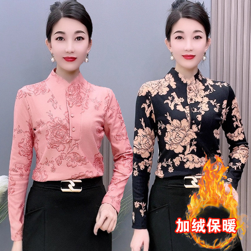 大码加绒加厚打底衫女冬季长袖内搭复古印花小衫百搭显瘦保暖上衣
