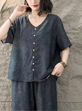 大码女装2026夏季宽松棉麻时尚气质休闲文艺百搭遮肉显瘦套装
