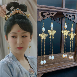 925银钩长相思2小夭杨紫同款天然珍珠蝴蝶耳环流苏汉服造型配饰