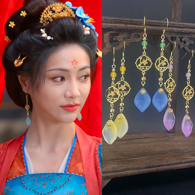 中国风琉璃女古风窗花枝玉髓耳饰图片